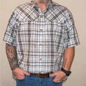 Duluth Trading Co Gray and White Plaid Button Down Shirt